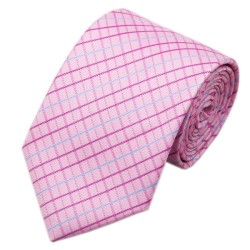 Галстук розовый с фуксия и голубым в решеточку +запонки и платок