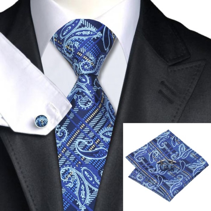 Подарочный галстук синий в полоску и абстракцию