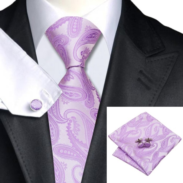 Краватка світло-фіолетова з абстракціями +запонки та хустка