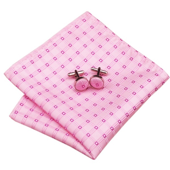 Галстук розовый в ромбик с фуксия +запонки и платок