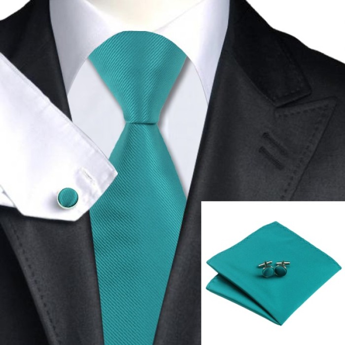 Краватка синьо-зеленого кольору класична + платок і запінки