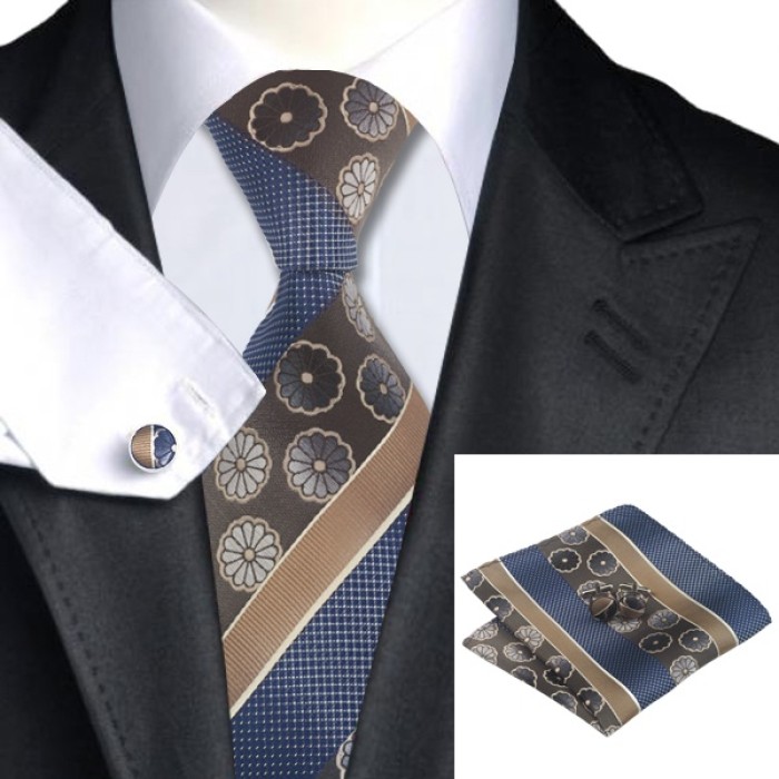 Подарункова краватка коричнева з синім в квітку