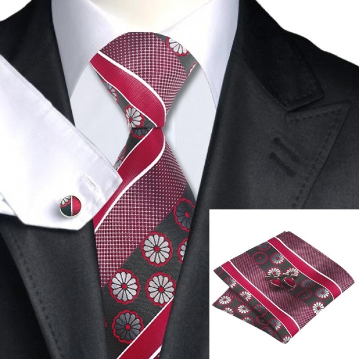 Краватка червона в квітку + хустка та запонки