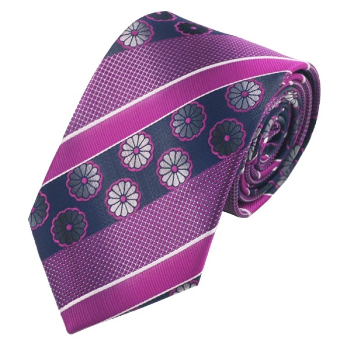 Краватка фуксія з квітами та смужкою + хустка та запонки