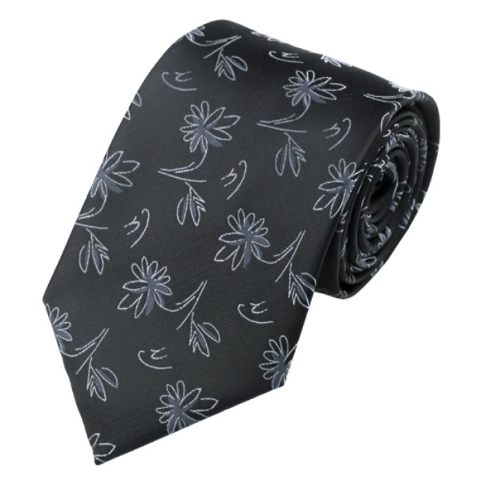 Подарочный галстук черный с серыми цветами