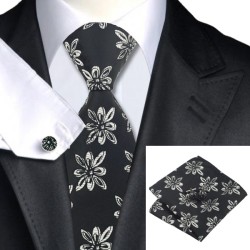 Краватка чорна в оригінальний квіток + хустка та запонки