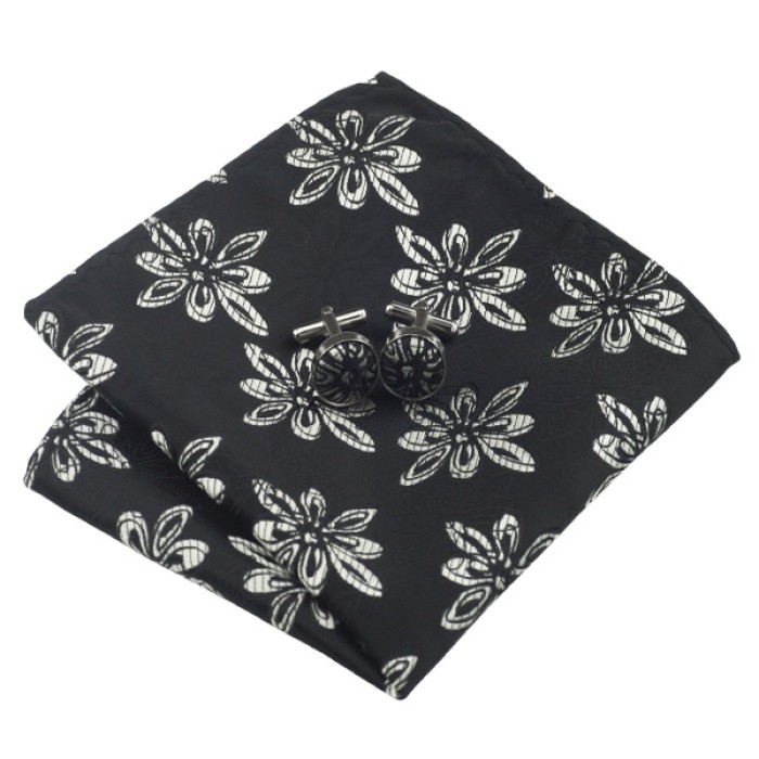 Галстук черный в оригинальный цветок +платок и запонки