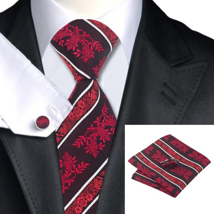 Краватка червона у квіти та полоску+платок та застібка