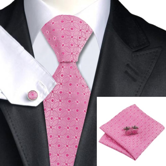 Галстук розовый с белым в узорах + платок и запонки