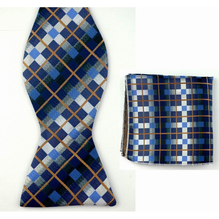 Краватка-метелик синя в клітину з коричневим + платок