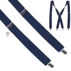 Підтяжки темно-сині довгі 3,5 см X-образні - металева серединка